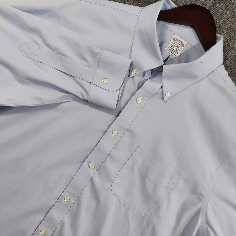 Brooks Brothers Shirt Mens 18 34/35 Blue Solid Regular Non Iron Stretch Dress